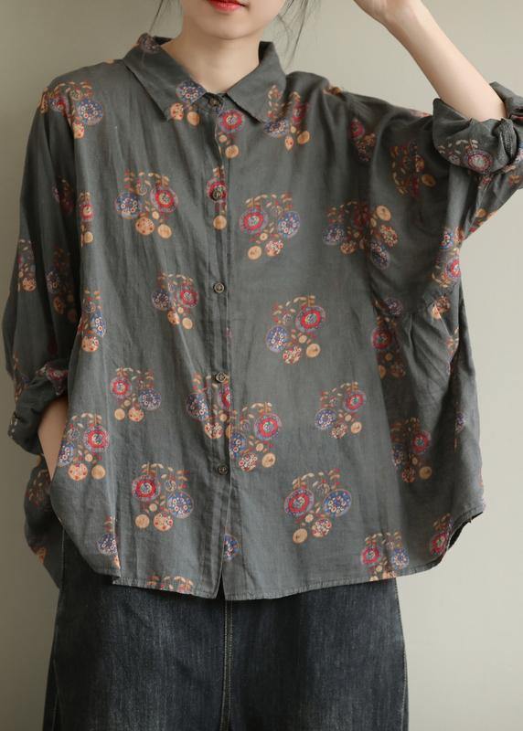 Art Black Flower Tunic Pattern Lapel Baggy Fall Top