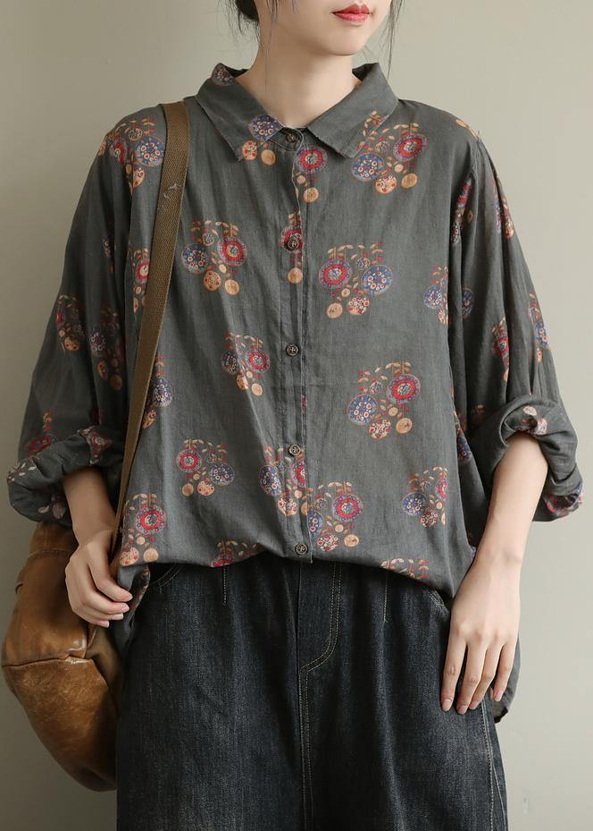 Art Gray Geometry Tunic Pattern Lapel Baggy Fall Top