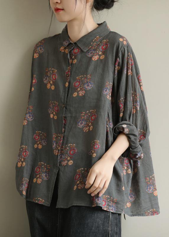 Art Black Flower Tunic Pattern Lapel Baggy Fall Top