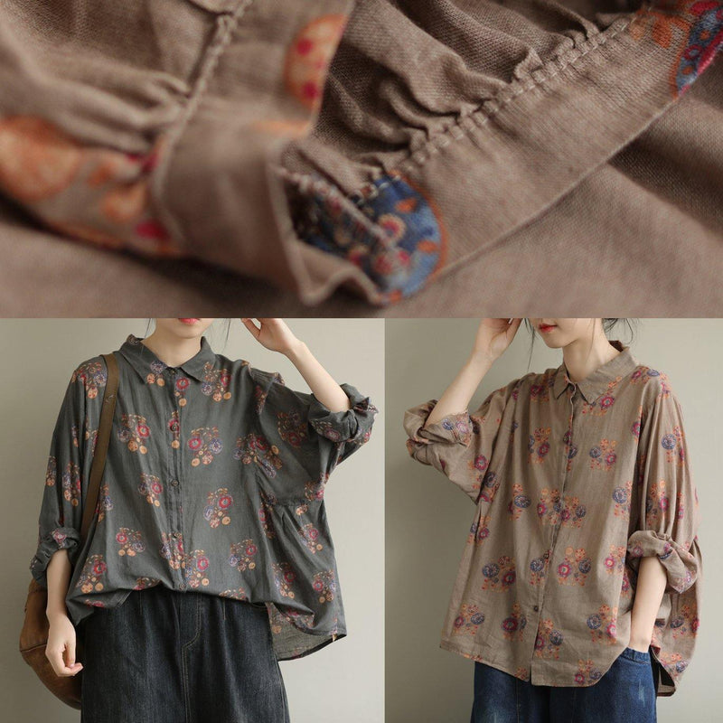 Art Black Flower Tunic Pattern Lapel Baggy Fall Top