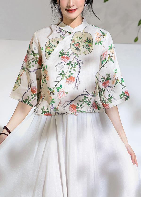 Art Linen Blouses for Half Sleeve Oversized Stand Collar Shirts