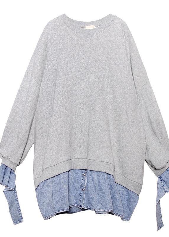 Art Gray Blouse O Neck False Two Pieces Oversized Blouses