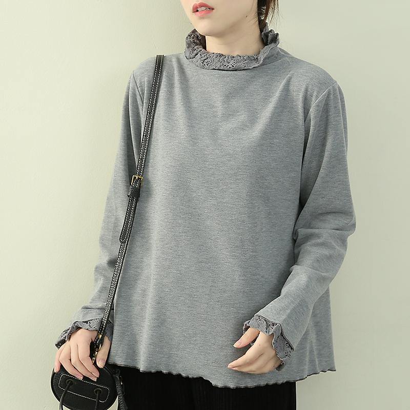 Art Gray Blue Top Inspiration High Neck Patchwork Lace Blouses