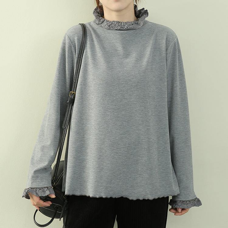 Art gray blue top Inspiration high neck patchwork lace blouses