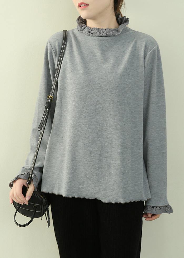 Art gray blue top Inspiration high neck patchwork lace blouses