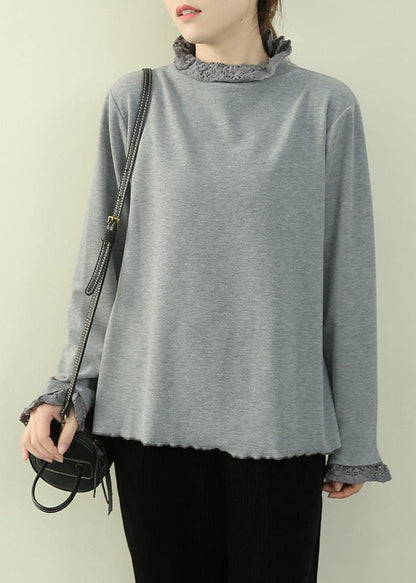 Art gray blue top Inspiration high neck patchwork lace blouses