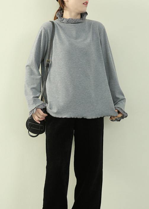 Art Gray Blue Top Inspiration High Neck Patchwork Lace Blouses