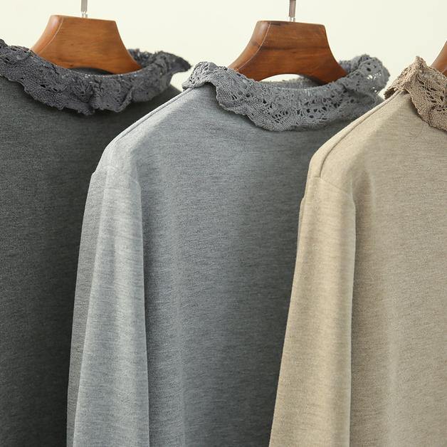 Art Gray Blue Top Inspiration High Neck Patchwork Lace Blouses