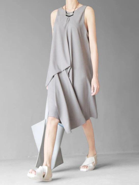 Art Gray Chiffon Dresses Sleeve O Neck Asymmetric Linen Robes Summer Dresses