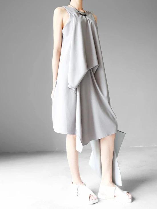 Art Gray Chiffon Dresses Sleeve O Neck Asymmetric Linen Robes Summer Dresses