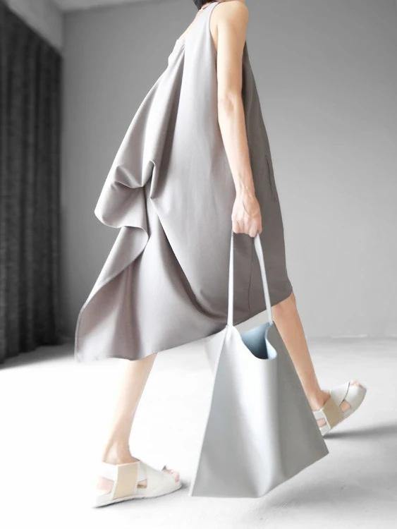 Art Gray Chiffon Dresses Sleeve O Neck Asymmetric Linen Robes Summer Dresses