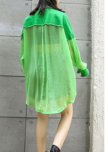 Art Green Chiffon Patchwork Tops Blouses Big Pockets Tunic Summer Blouses