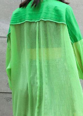 Art Green Chiffon Patchwork Tops Blouses Big Pockets Tunic Summer Blouses