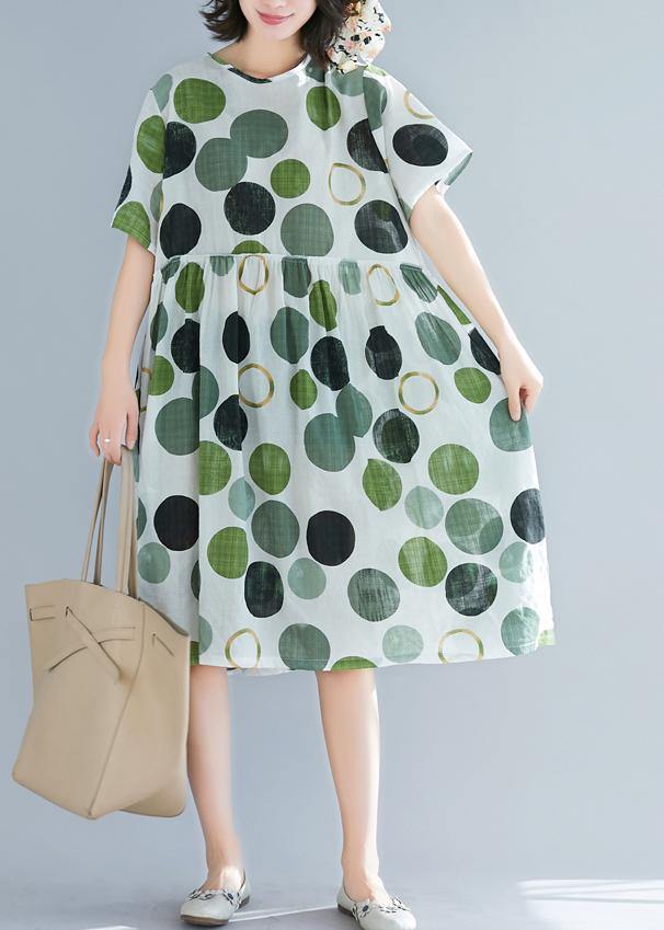 Art Green Dotted Linen Catwalk O Neck Short Sleeve Baggy Summer Dresses