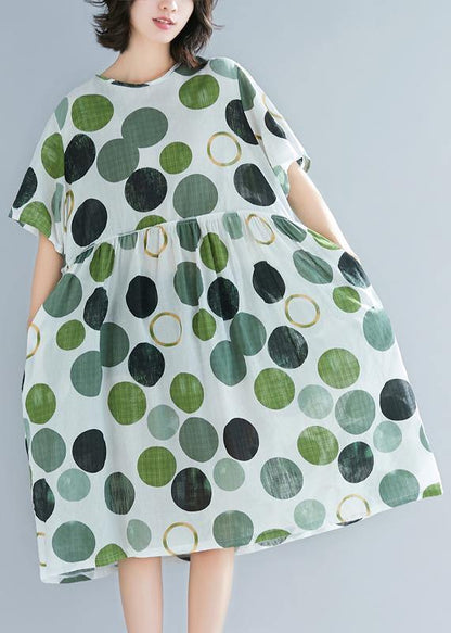 Art Green Dotted Linen Catwalk O Neck Short Sleeve Baggy Summer Dresses