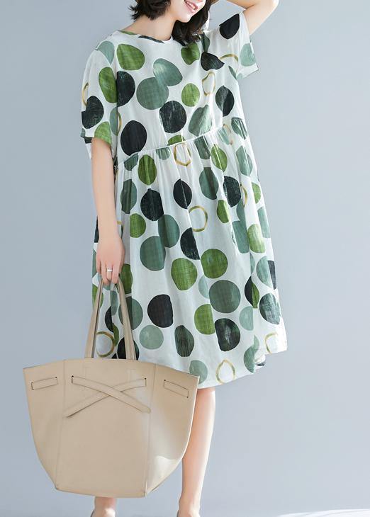 Art Green Dotted Linen Catwalk O Neck Short Sleeve Baggy Summer Dresses