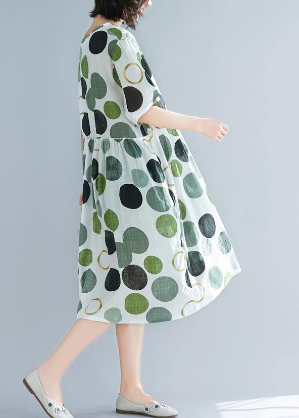 Art Green Dotted Linen Catwalk O Neck Short Sleeve Baggy Summer Dresses