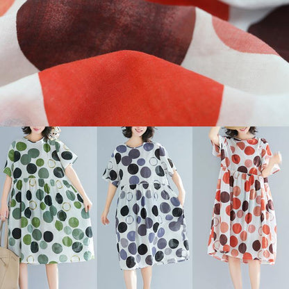 Art Green Dotted Linen Catwalk O Neck Short Sleeve Baggy Summer Dresses