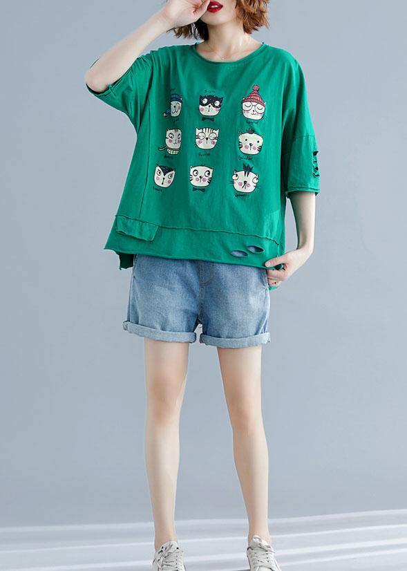 Art Green Prints Cotton Clothes O Neck Hole Midi Summer Shirt