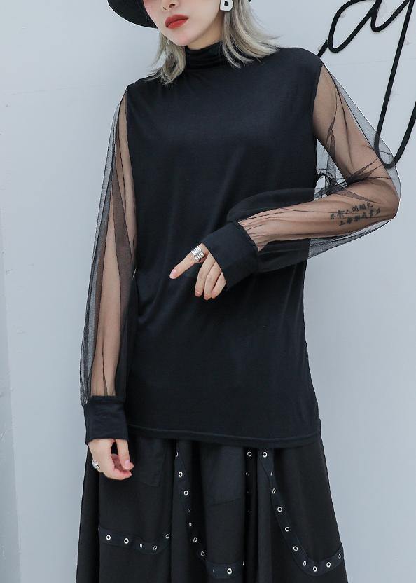 Art High Neck Cotton Clothes Outfits Black Patchwork Tulle Sleeve Blouses