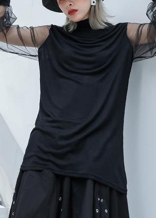 Art High Neck Cotton Clothes Outfits Black Patchwork Tulle Sleeve Blouses