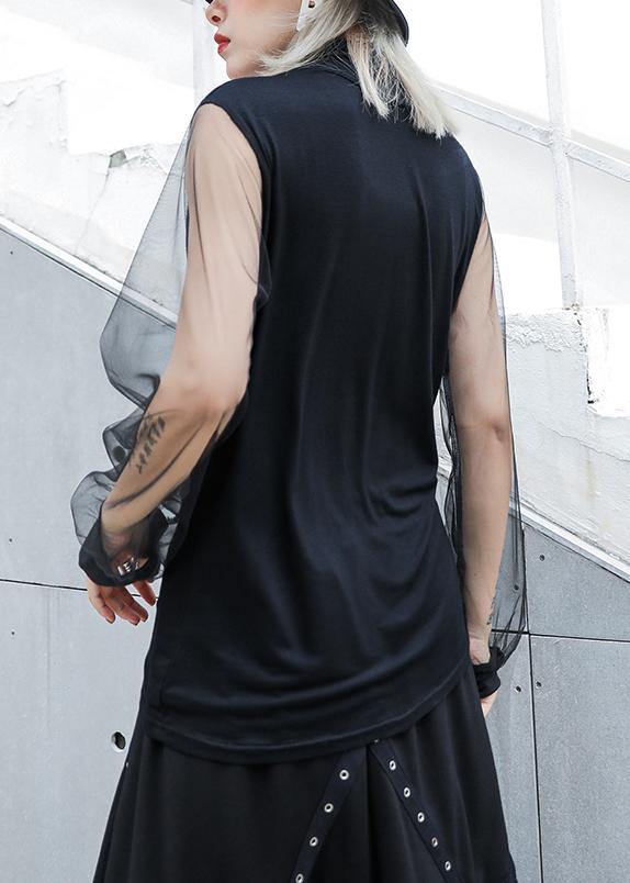 Art High Neck Cotton Clothes Outfits Black Patchwork Tulle Sleeve Blouses