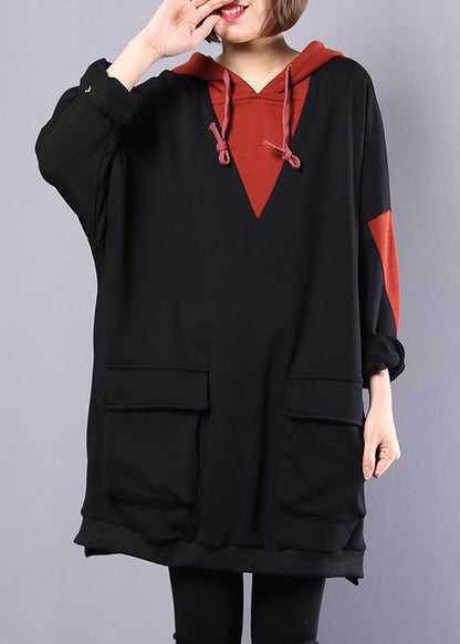 Art Hooded Cotton Clothes for Work Black Patchwork Blouse Autumn