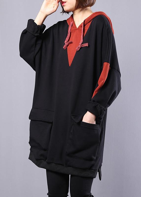 Art Hooded Cotton Clothes for Work Black Patchwork Blouse Autumn
