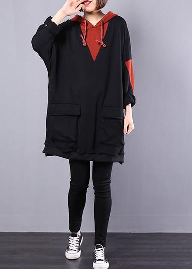 Art Hooded Cotton Clothes for Work Black Patchwork Blouse Autumn