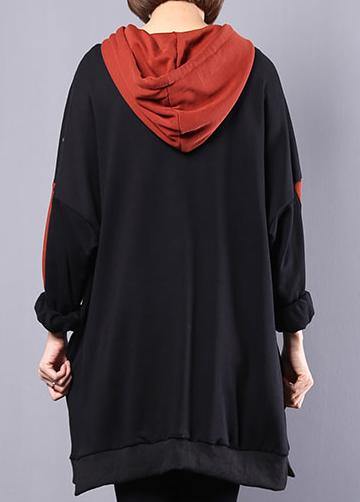 Art Hooded Cotton Clothes for Work Black Patchwork Blouse Autumn
