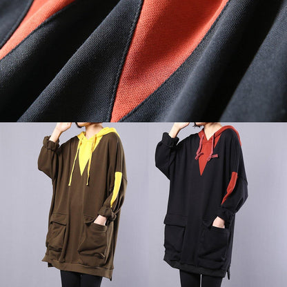 Art Hooded Cotton Clothes for Work Black Patchwork Blouse Autumn