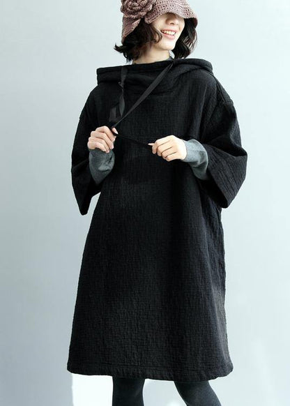 Art Hooded Pockets Fall Tunic Pattern Tops Black Blouses