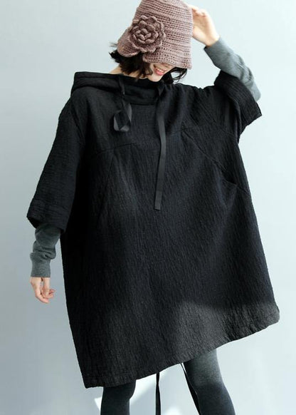 Art Hooded Pockets Fall Tunic Pattern Tops Black Blouses