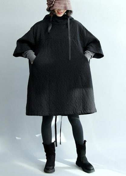 Art Hooded Pockets Fall Tunic Pattern Tops Black Blouses