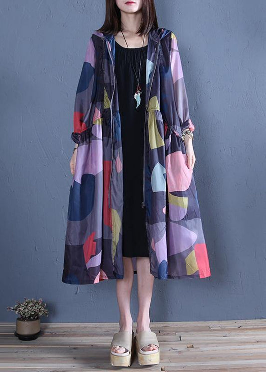 Art Hooded Zippered Summer Pattern Blue Print Loose Outwear