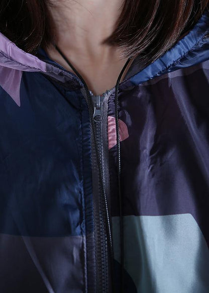 Art Hooded Zippered Summer Pattern Blue Print Loose Outwear