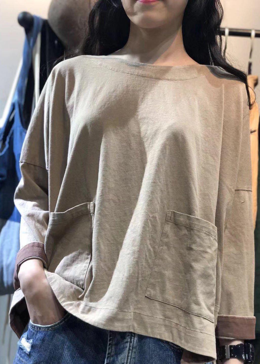 Art khaki cotton tunic pattern low high design Art fall blouses