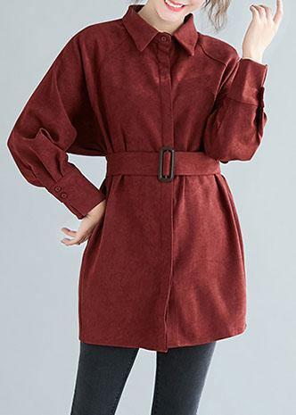 Art Lapel Button Cotton Spring Tunic Top Cotton Burgundy Top