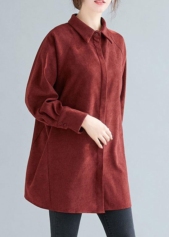 Art lapel Button cotton spring tunic top Cotton burgundy top