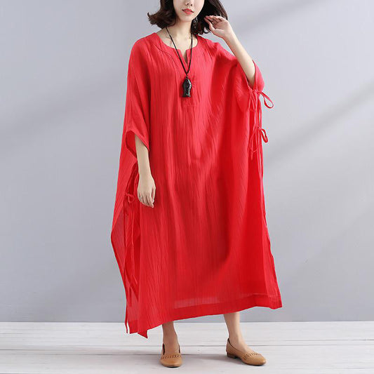 Art Linen Clothes for Summer V Neck Slit Loose Red Dress