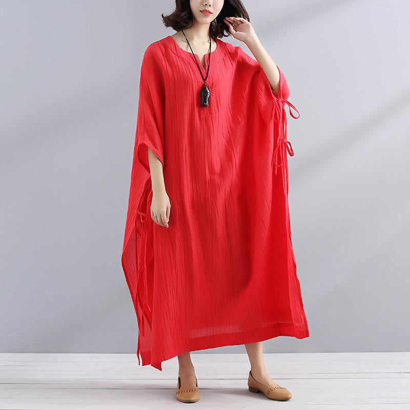 Art Linen Clothes for Summer V Neck Slit Loose Red Dress