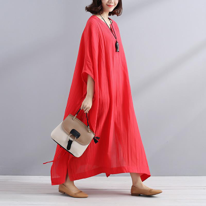 Art Linen Clothes for Summer V Neck Slit Loose Red Dress