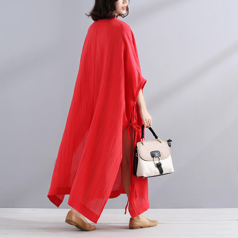 Art Linen Clothes for Summer V Neck Slit Loose Red Dress