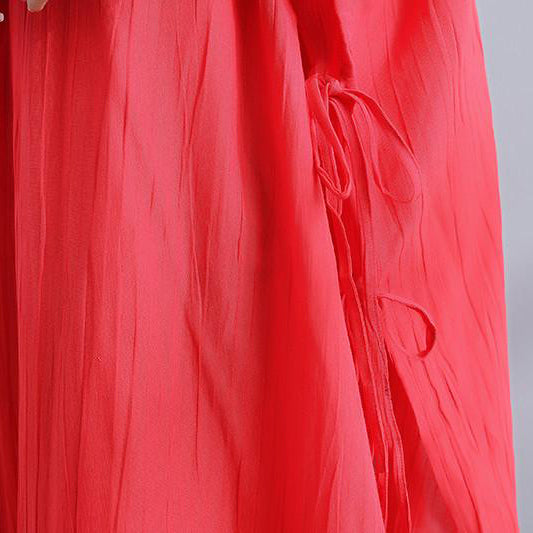 Art Linen Clothes for Summer V Neck Slit Loose Red Dress