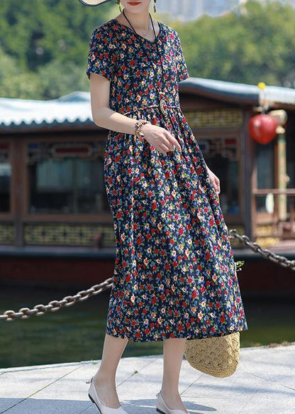 Art Navy Print Linen Clothes V Neck Pockets Loose Summer Dress