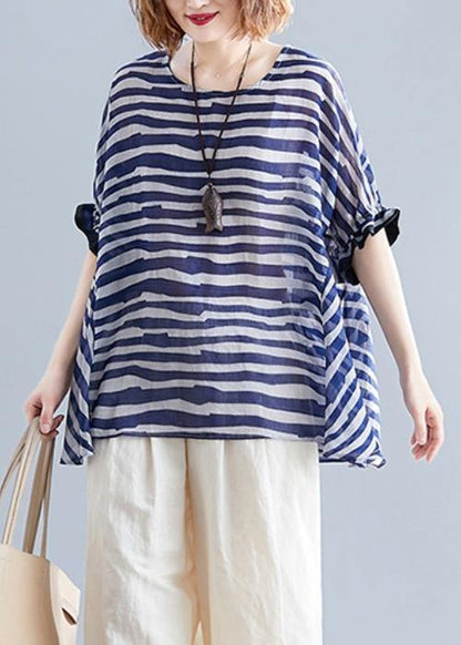 Art O Neck Batwing Sleeve Clothes Work Outfits Blue Striped Blouse