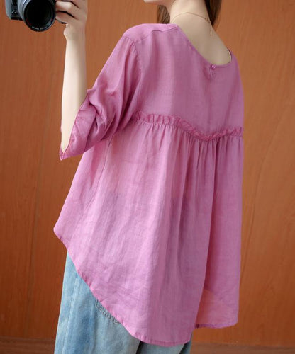 Art O Neck Ruffles Summer Clothes for Tunic Tops Pink Shirts
