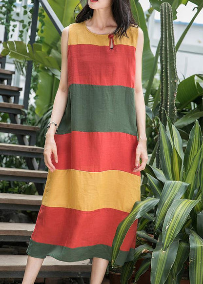 Art O Neck Sleeveless Linen Clothes for Inspiration Red Striped Dress Summer