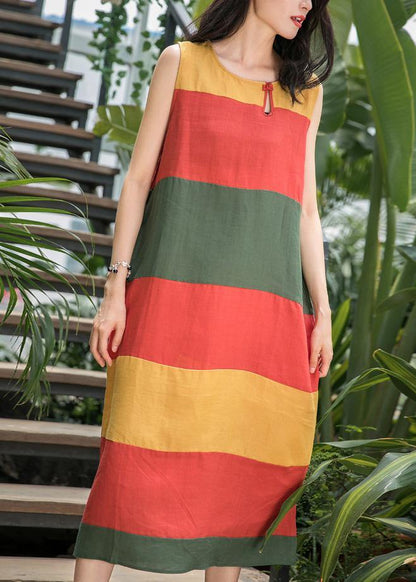Art O Neck Sleeveless Linen Clothes for Inspiration Red Striped Dress Summer