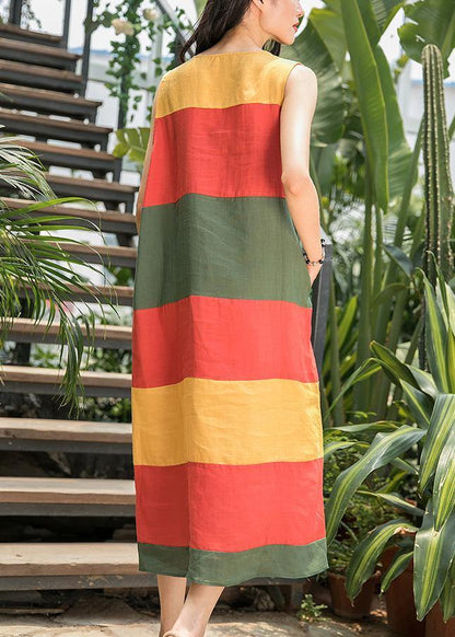 Art O Neck Sleeveless Linen Clothes for Inspiration Red Striped Dress Summer